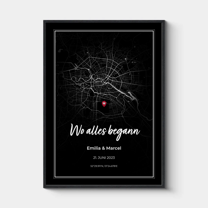 Wo alles begann, Personalisiertes Map-Poster, Black Edition